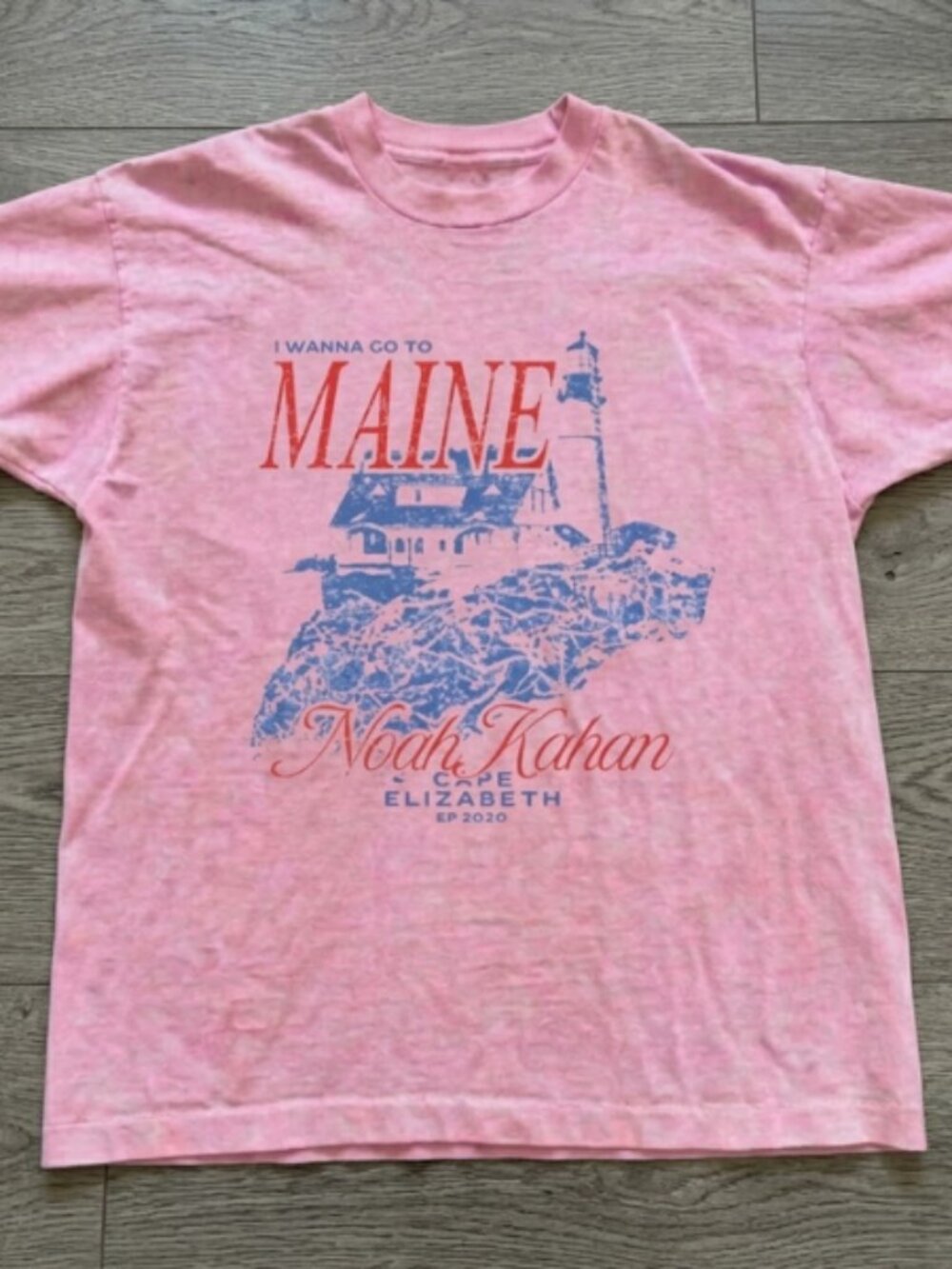 Gildan Pink Short Sleeve Tee with Blue Lighthouse & Red Text